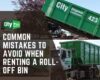 City Disposal Containers roll-off bin being delivered by truck with overlay text 'Common Mistakes to Avoid When Renting a Roll-Off Bin' – waste management tips from City Disposal.