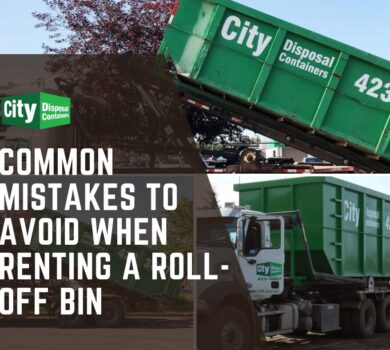 City Disposal Containers roll-off bin being delivered by truck with overlay text 'Common Mistakes to Avoid When Renting a Roll-Off Bin' – waste management tips from City Disposal.