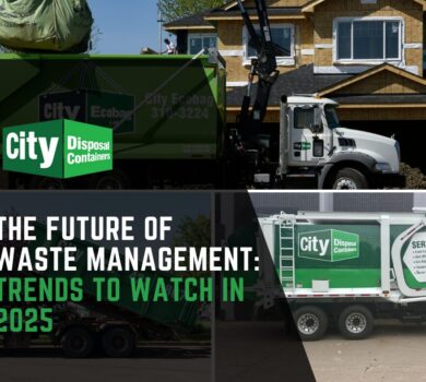 City Disposal Containers waste management trucks and EcoBag in use at residential and commercial sites, promoting sustainable solutions in Edmonton.