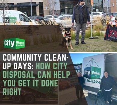 Volunteers participate in a community clean-up event with City Disposal Containers and Ecobag services, featuring a green disposal bin, a City Ecobag van, and participants collecting garbage and donations.